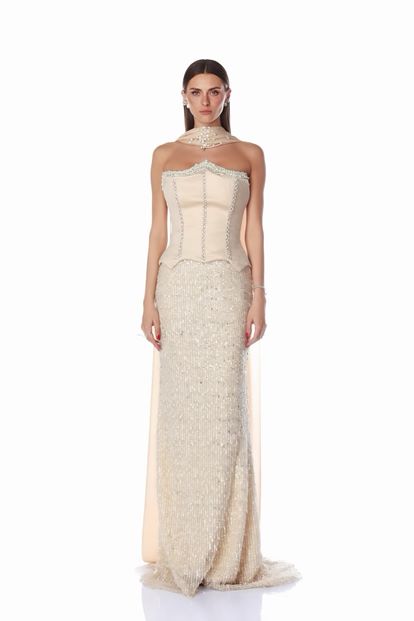 Beiges Satin Bustier Top Pailletten Meerjungfrau Abend Set